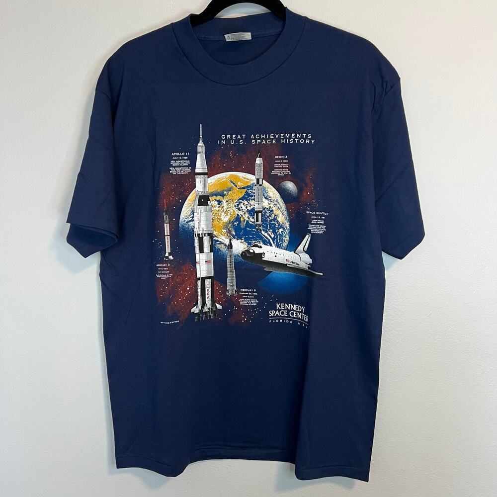 Vintage Kennedy Space Center 90s Single Stitch Blue Graphic T-Shirt Mens Size L